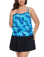 Emoswimsuit - Water Orchid Lightweight Blouson Tankini With Side Slit Swim Skirt