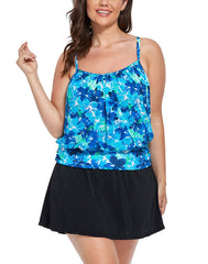 Emoswimsuit - Water Orchid Lightweight Blouson Tankini With Side Slit Swim Skirt