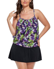 Emoswimsuit - Purple Rose Lightweight Blouson Tankini With Side Slit Swim Skirt