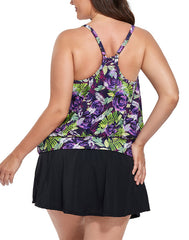 Emoswimsuit - Purple Rose Lightweight Blouson Tankini With Side Slit Swim Skirt