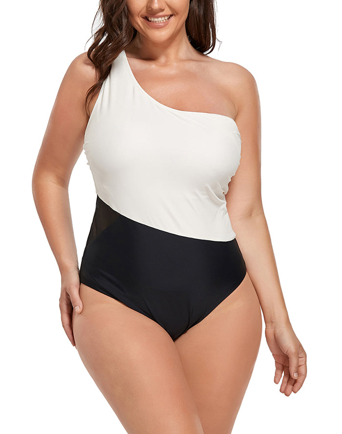 Emoswimsuit - Black Cream One Shoulder One Piece Swimsuit