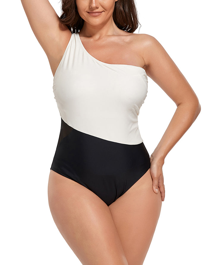 Emoswimsuit - Black Cream One Shoulder One Piece Swimsuit