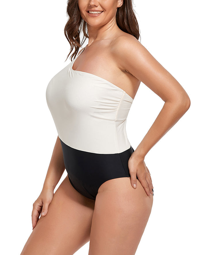 Emoswimsuit - Black Cream One Shoulder One Piece Swimsuit