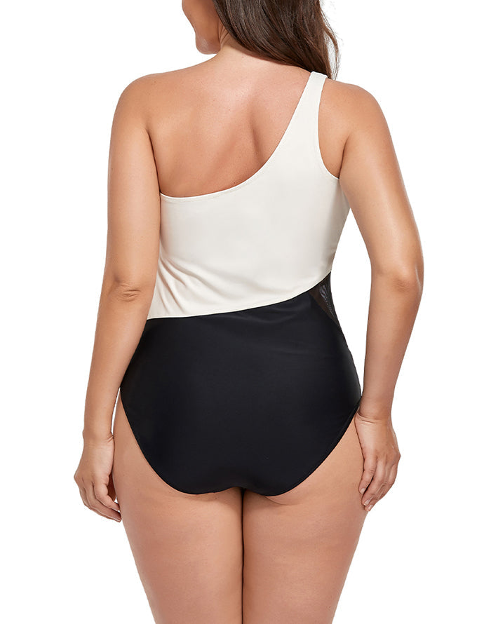 Emoswimsuit - Black Cream One Shoulder One Piece Swimsuit