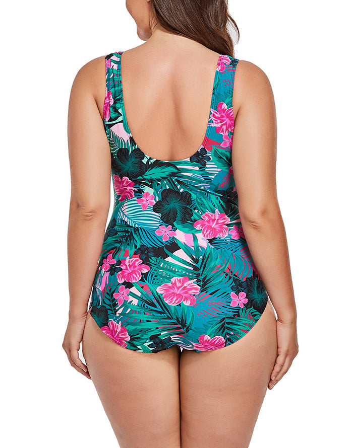 Emoswimsuit - Pink Green Floral Sarong Front One Piece Swimsuit