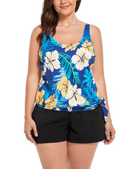 Emoswimsuit - Yellow Flower Side Tie Blouson Tankini with Cargo Swim Short