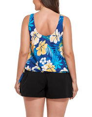 Emoswimsuit - Yellow Flower Side Tie Blouson Tankini with Cargo Swim Short