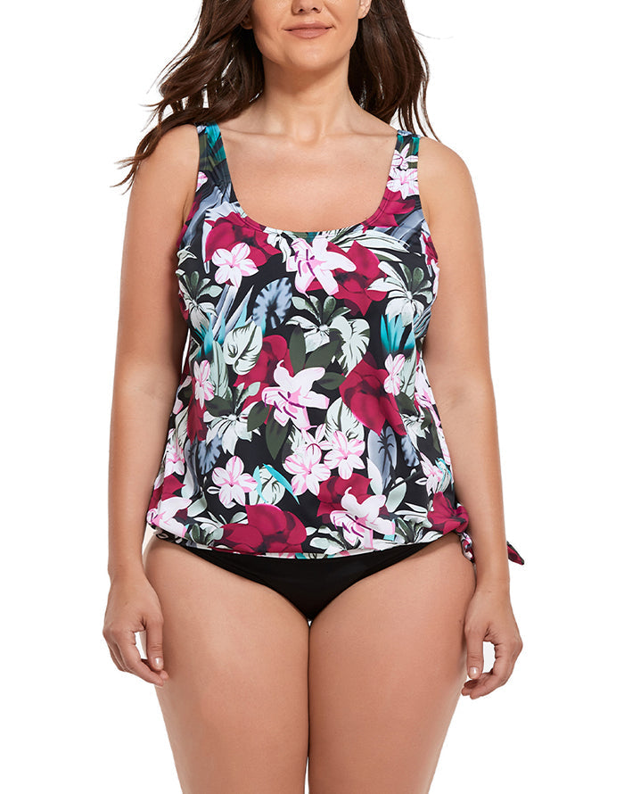 Emoswimsuit - Wine Pink Flower Side Tie Blouson Tankini Top