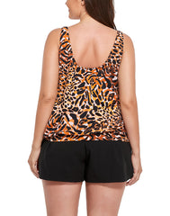 Emoswimsuit - Leopard Print Side Tie Blouson Tankini with Cargo Swim Short