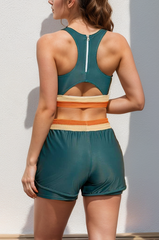 Emoswimsuit - Teal Colorblock Zipper Back Sporty Bikini Top with Boy Short Set