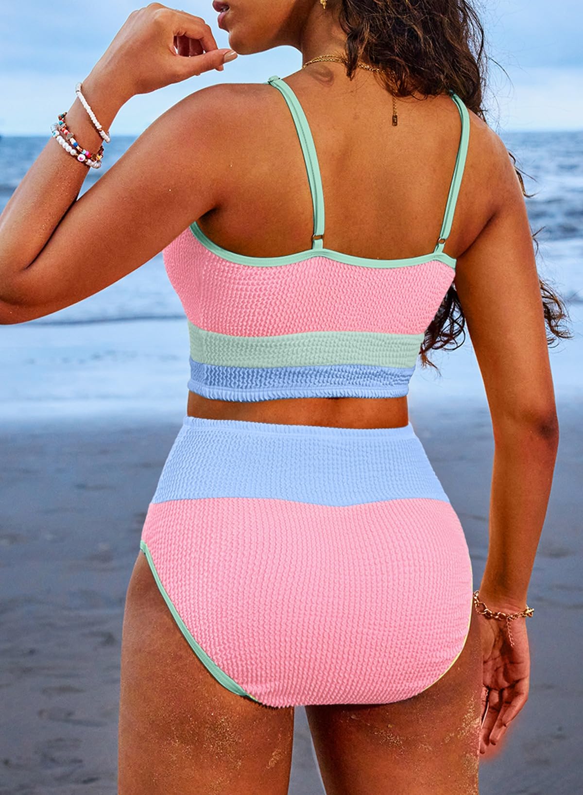 Emoswimsuit - Women 2 Piece Bikini Set High Waisted Color Block Swimsuit Beach Scrunch Ribbed Bathing Suit
