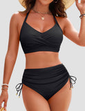 Emoswimsuit - Womens High Waisted Bikini Sets Drawstring Tummy Control Swimsuits Crisscross Tie Back Bathing Suit