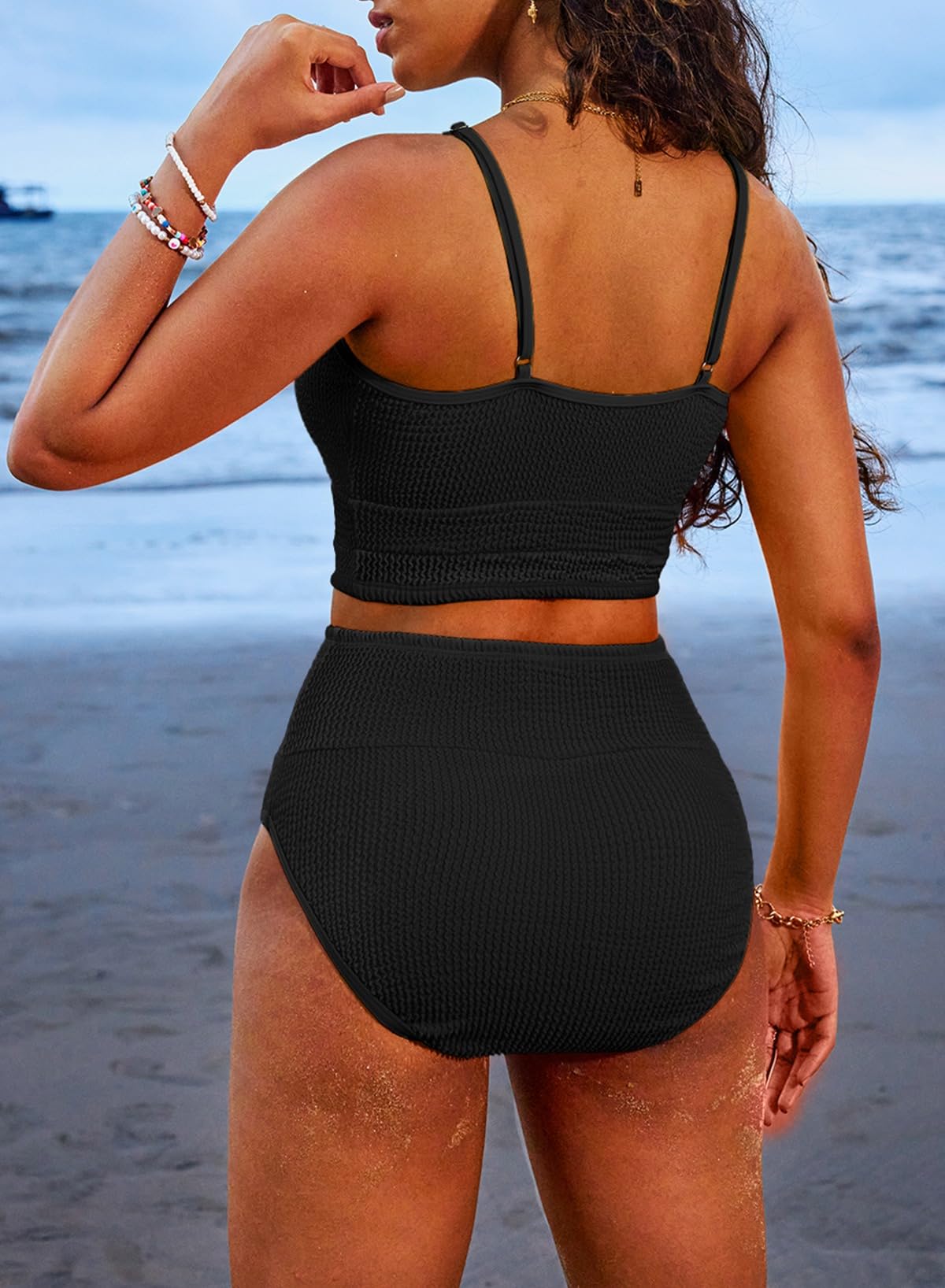 Emoswimsuit - Women 2 Piece Bikini Set High Waisted Color Block Swimsuit Beach Scrunch Ribbed Bathing Suit