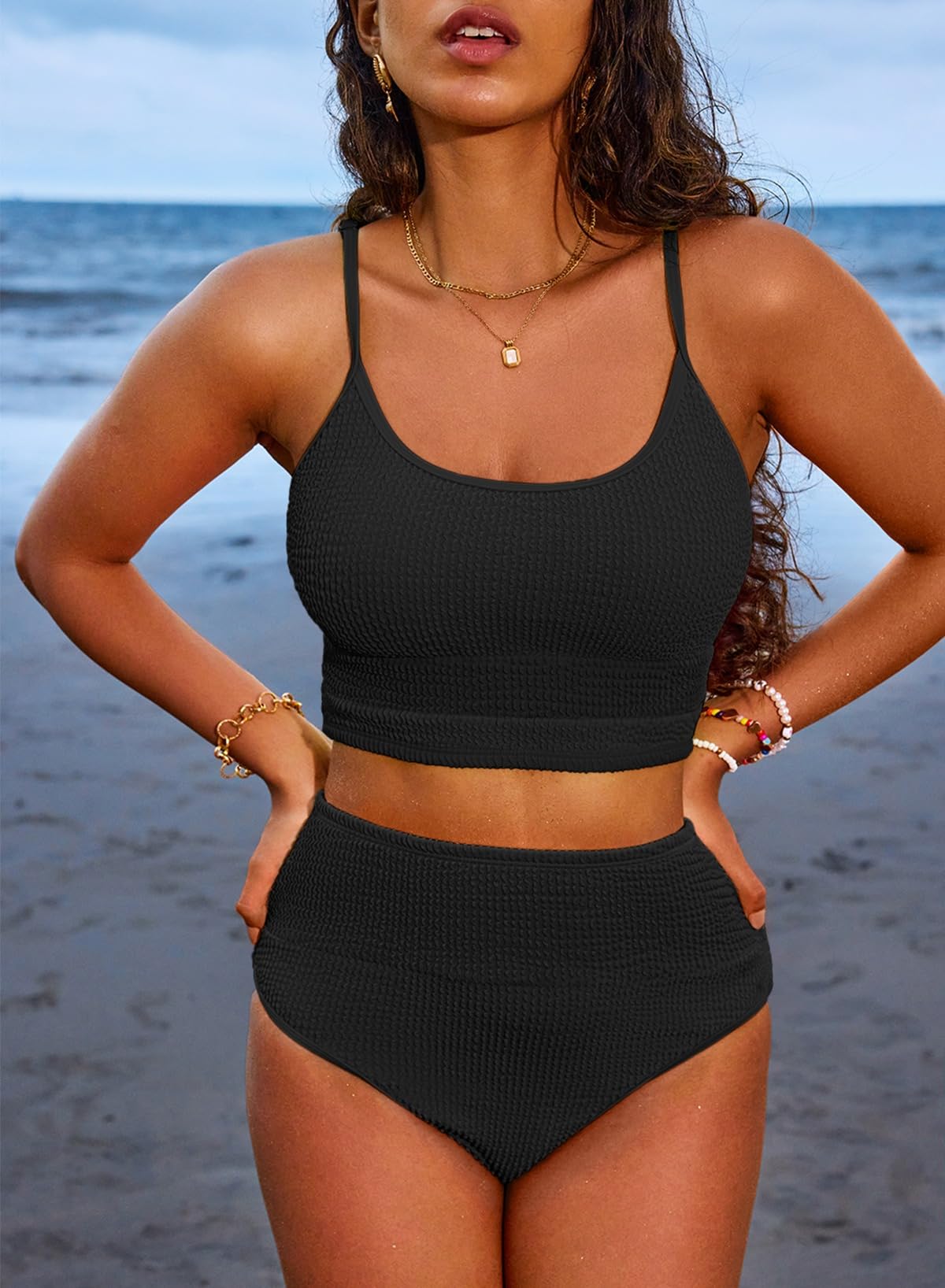 Emoswimsuit - Women 2 Piece Bikini Set High Waisted Color Block Swimsuit Beach Scrunch Ribbed Bathing Suit
