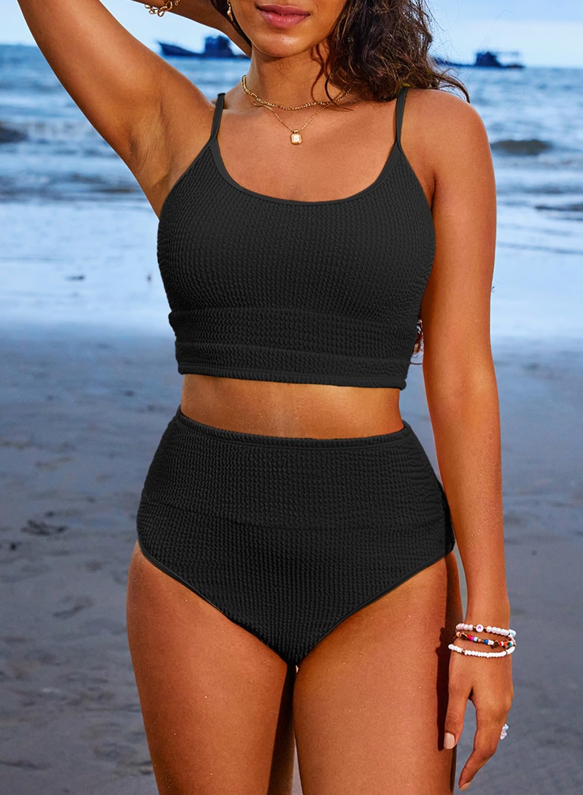 Emoswimsuit - Women 2 Piece Bikini Set High Waisted Color Block Swimsuit Beach Scrunch Ribbed Bathing Suit