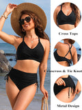 Emoswimsuit - Womens High Waisted Bikini Sets Drawstring Tummy Control Swimsuits Crisscross Tie Back Bathing Suit