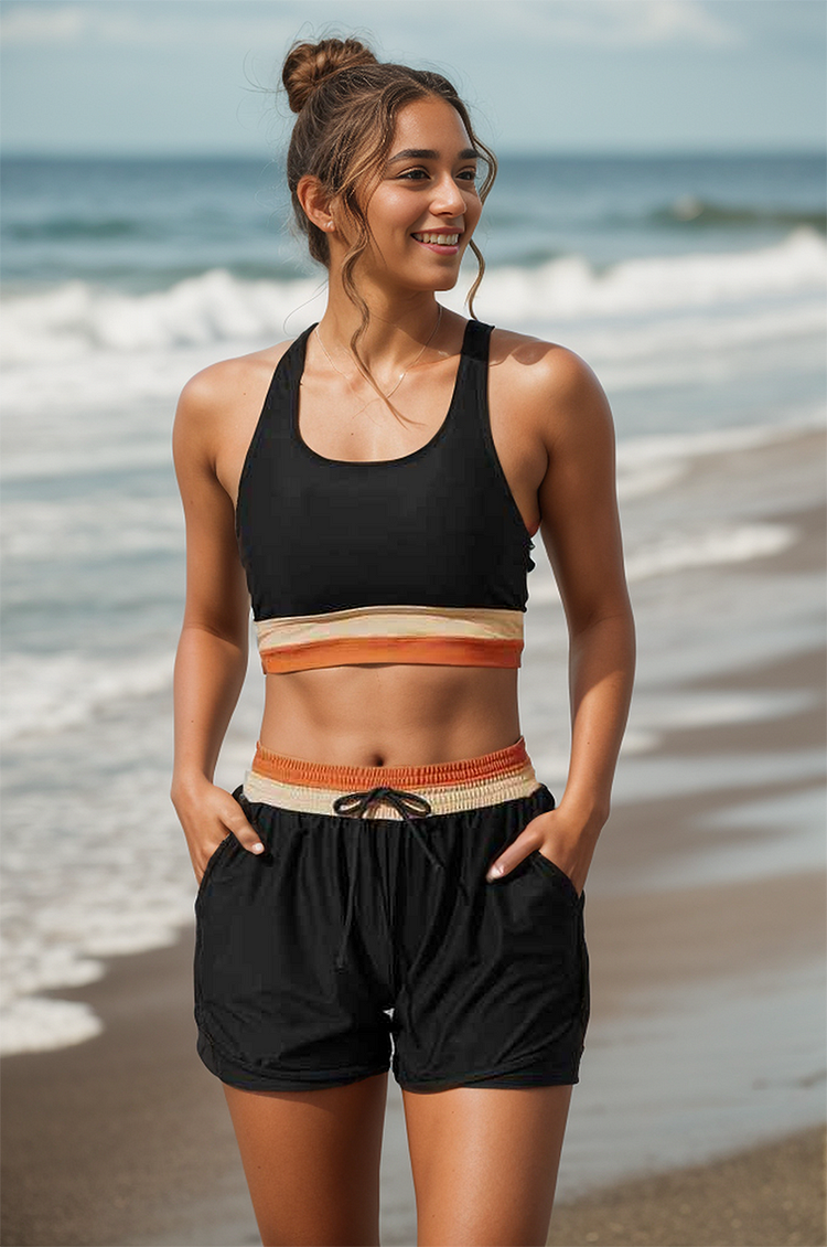 Emoswimsuit - Teal Colorblock Zipper Back Sporty Bikini Top with Boy Short Set