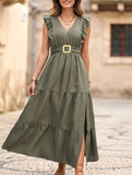 Deep V Flutter Sleeve Waist Dress_CWDMD02889