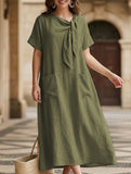 Short Sleeve Bow Pocket A-Line Maxi Dress_CWDMD02903