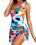 Emoswimsuit - Women One Piece Swim Dress One Shoulder Swimsuit with Skirt