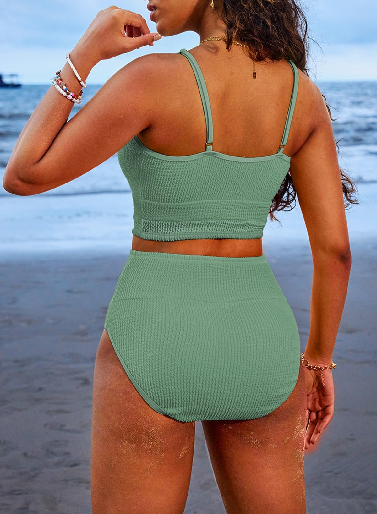 Emoswimsuit - Women 2 Piece Bikini Set High Waisted Color Block Swimsuit Beach Scrunch Ribbed Bathing Suit