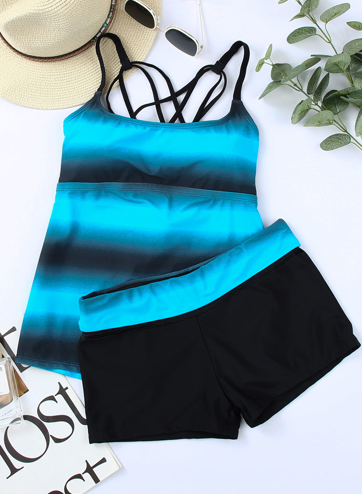 Emoswimsuit - Blue Gradient Tie-dyed Conservative Round Neck Tankini With Cargo Swim Short