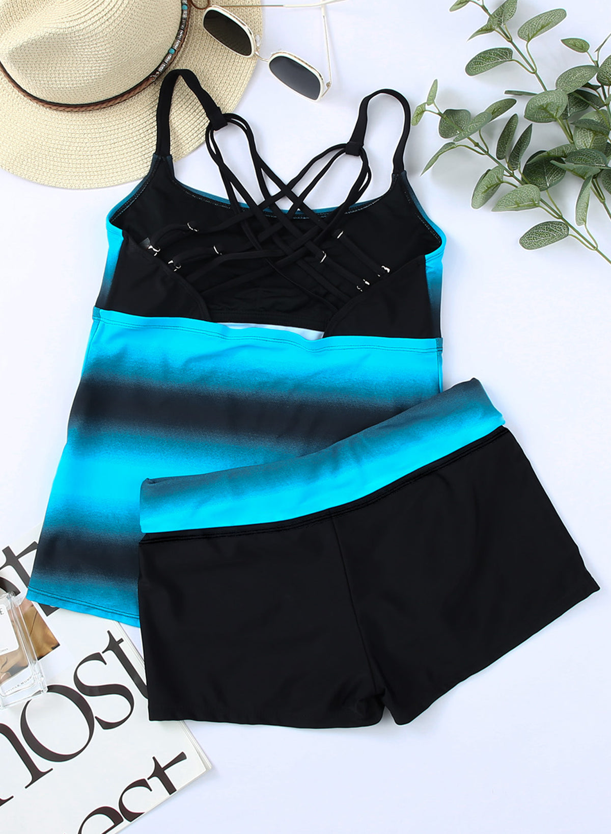 Emoswimsuit - Blue Gradient Tie-dyed Conservative Round Neck Tankini With Cargo Swim Short