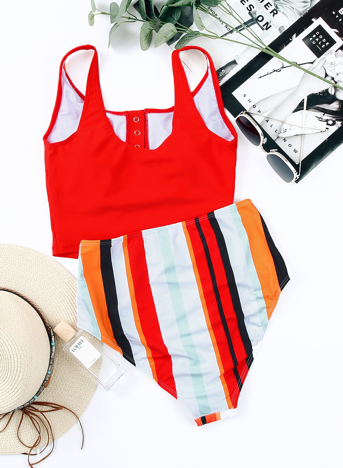 Emoswimsuit - Red Fashion Print Contrast High Waist Sexy Round Neck Tankini Set