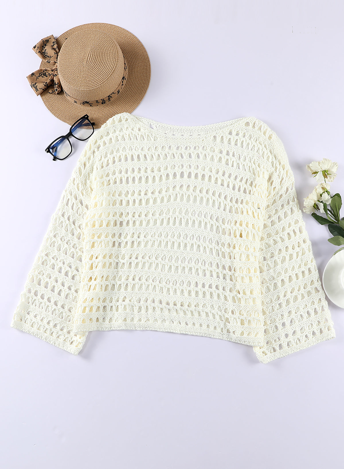 Emoswimsuit - White Mesh Knitted Long Sleeve Hollow Sun-proof Round Neck Cover Up