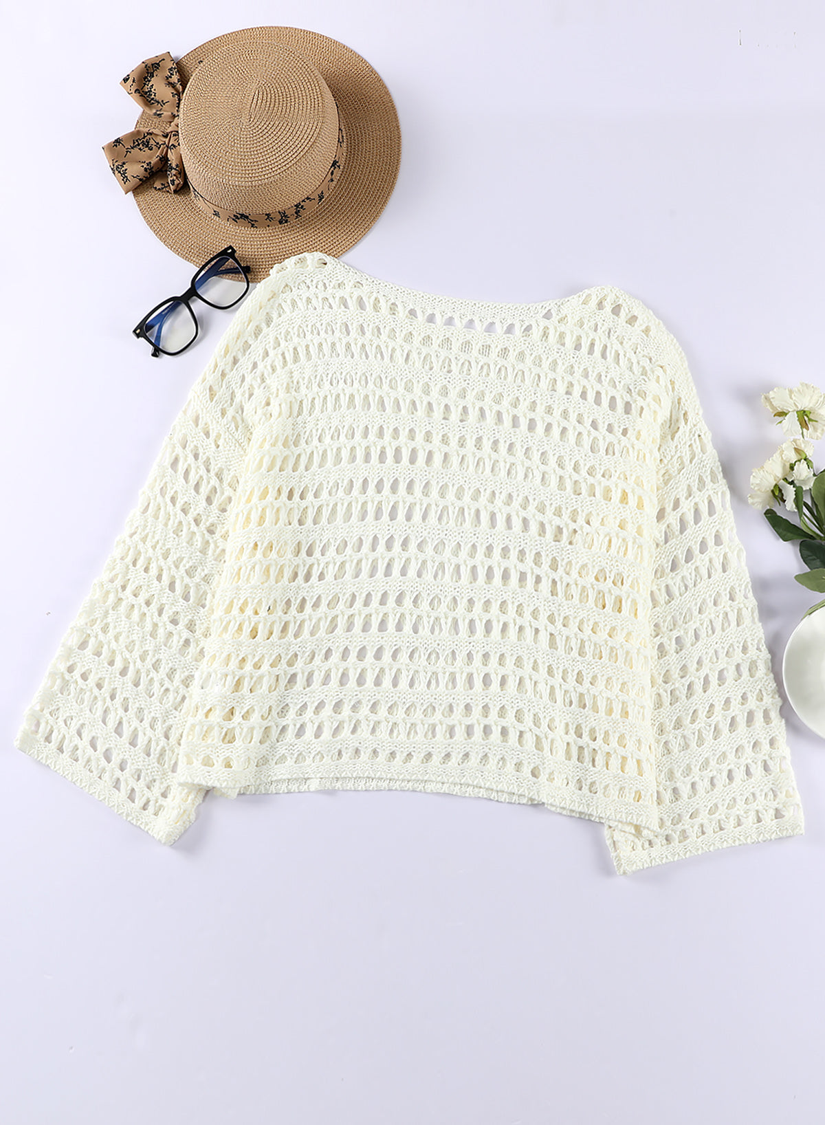 Emoswimsuit - White Mesh Knitted Long Sleeve Hollow Sun-proof Round Neck Cover Up