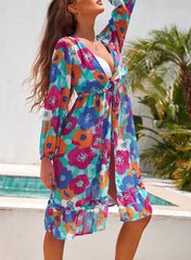 Emoswimsuit - Floral Print Sun-proof Long Cardigan V Neck Cover Up