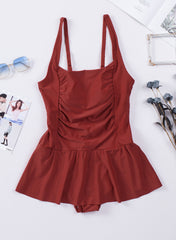 Emoswimsuit - Red Solid Color Ruffles High Waist Conservative Square Neck One Piece Swimsuit