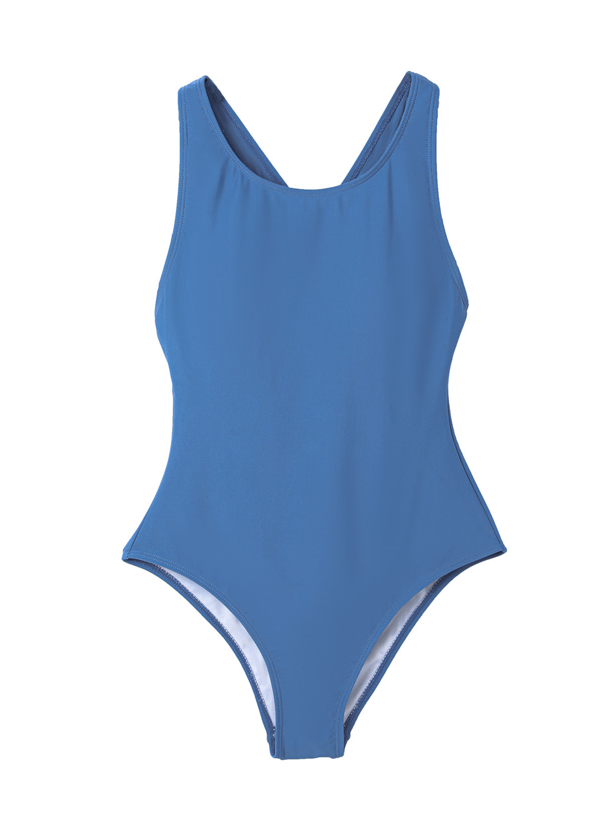 Emoswimsuit - Blue Simple Solid Color Round Neck One Piece Swimsuit