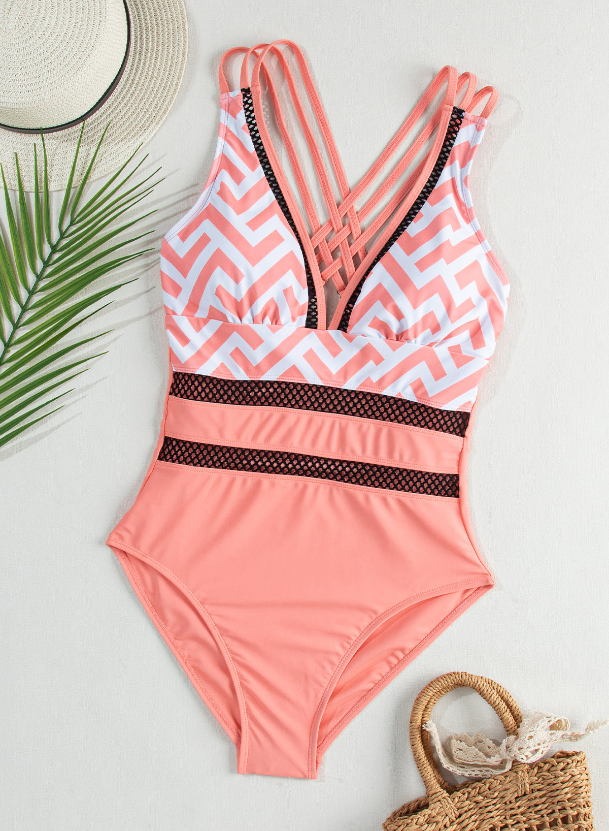 Emoswimsuit - Blue Splicing Print Mesh High Waist Sexy V Neck One Piece Swimsuit