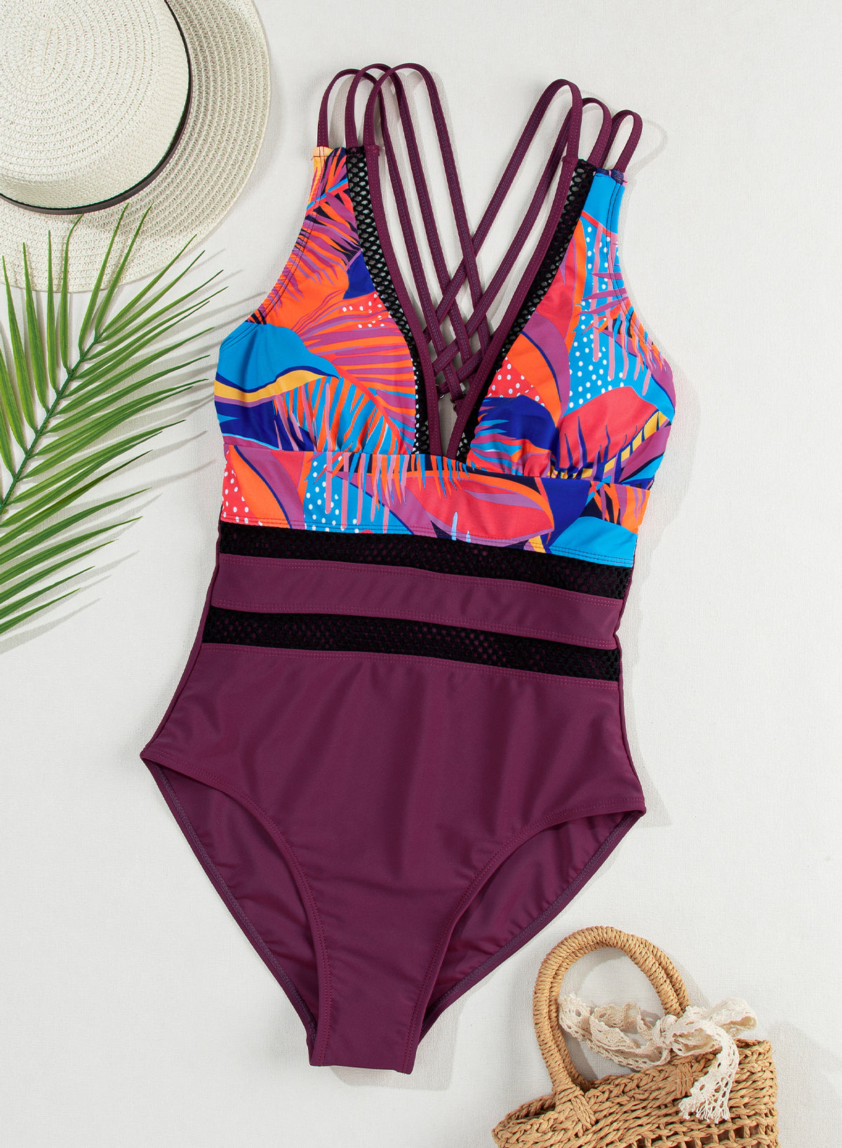 Emoswimsuit - Blue Splicing Print Mesh High Waist Sexy V Neck One Piece Swimsuit