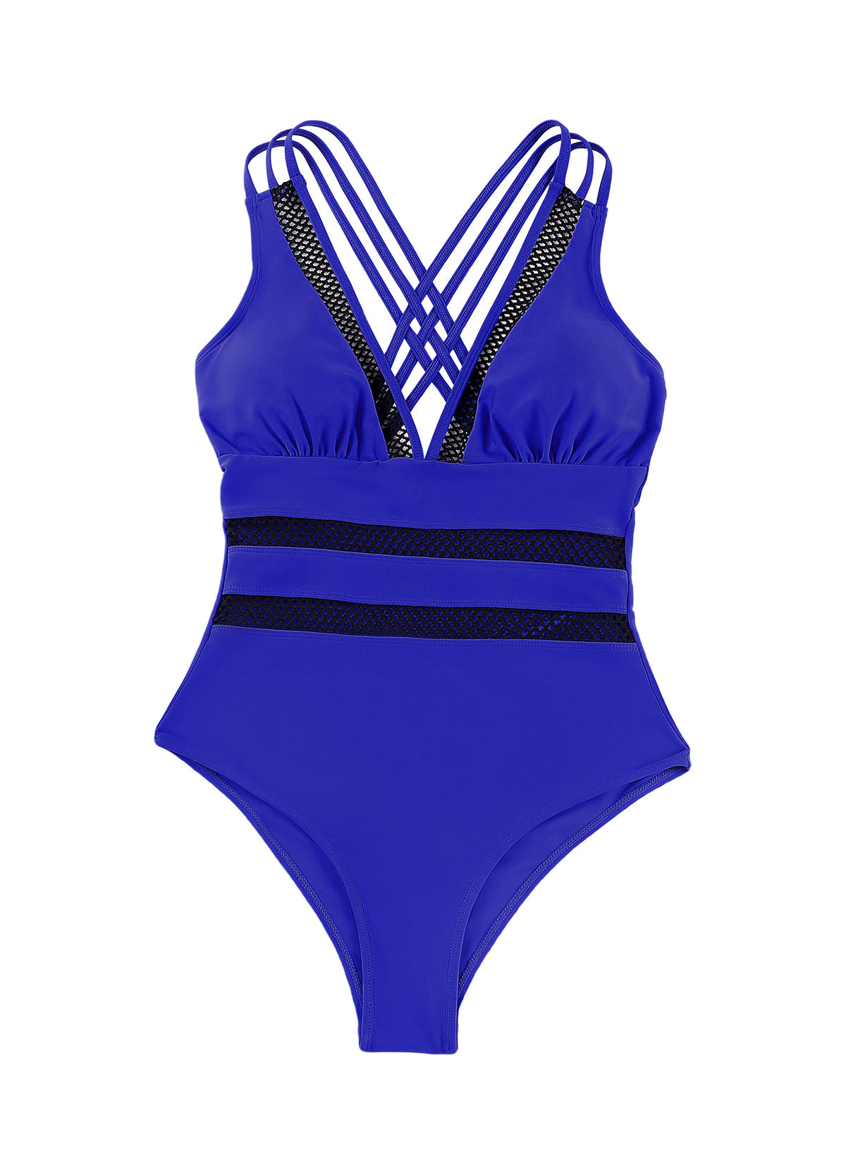 Emoswimsuit - Blue Splicing Print Mesh High Waist Sexy V Neck One Piece Swimsuit