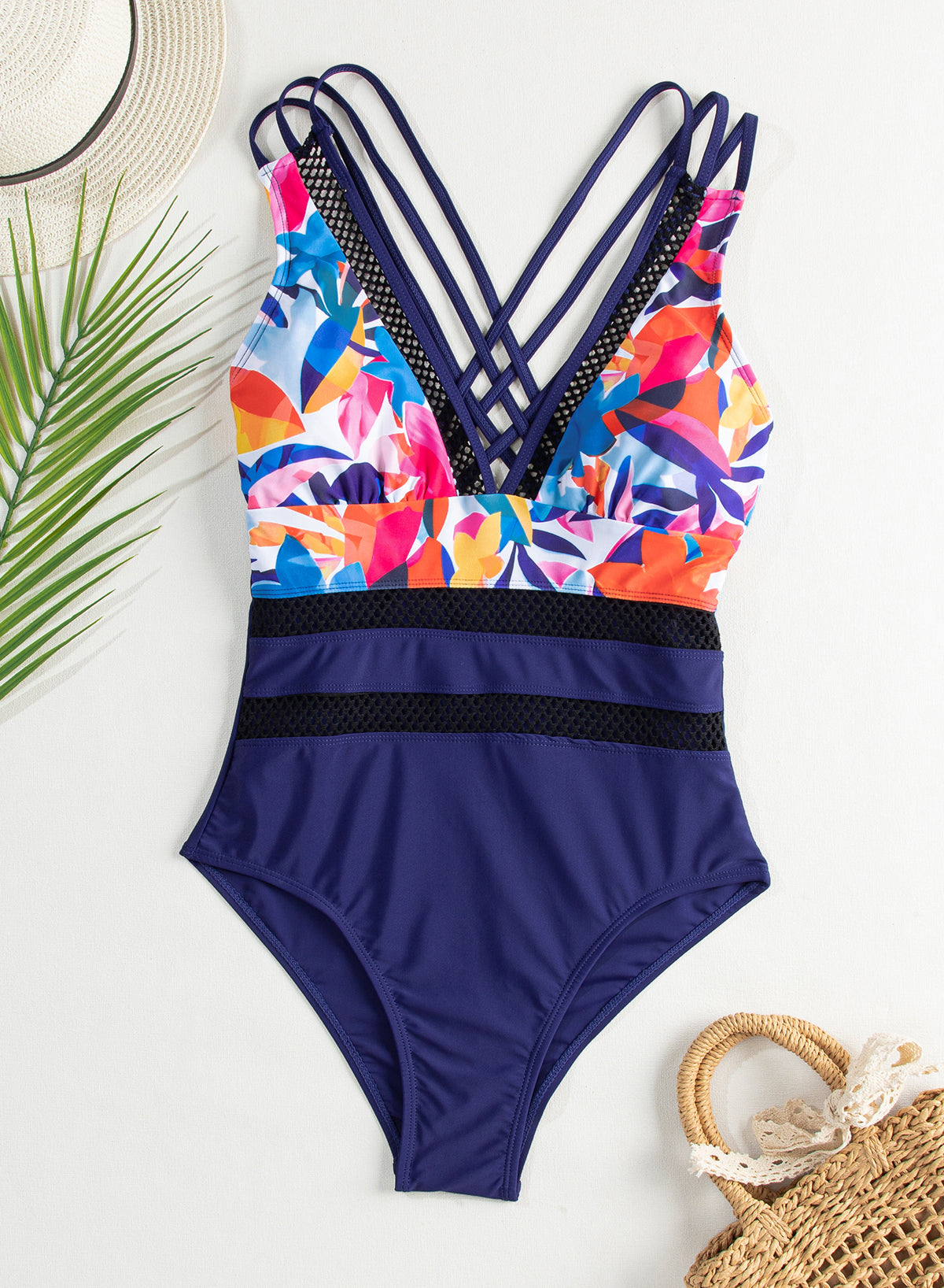 Emoswimsuit - Blue Splicing Print Mesh High Waist Sexy V Neck One Piece Swimsuit