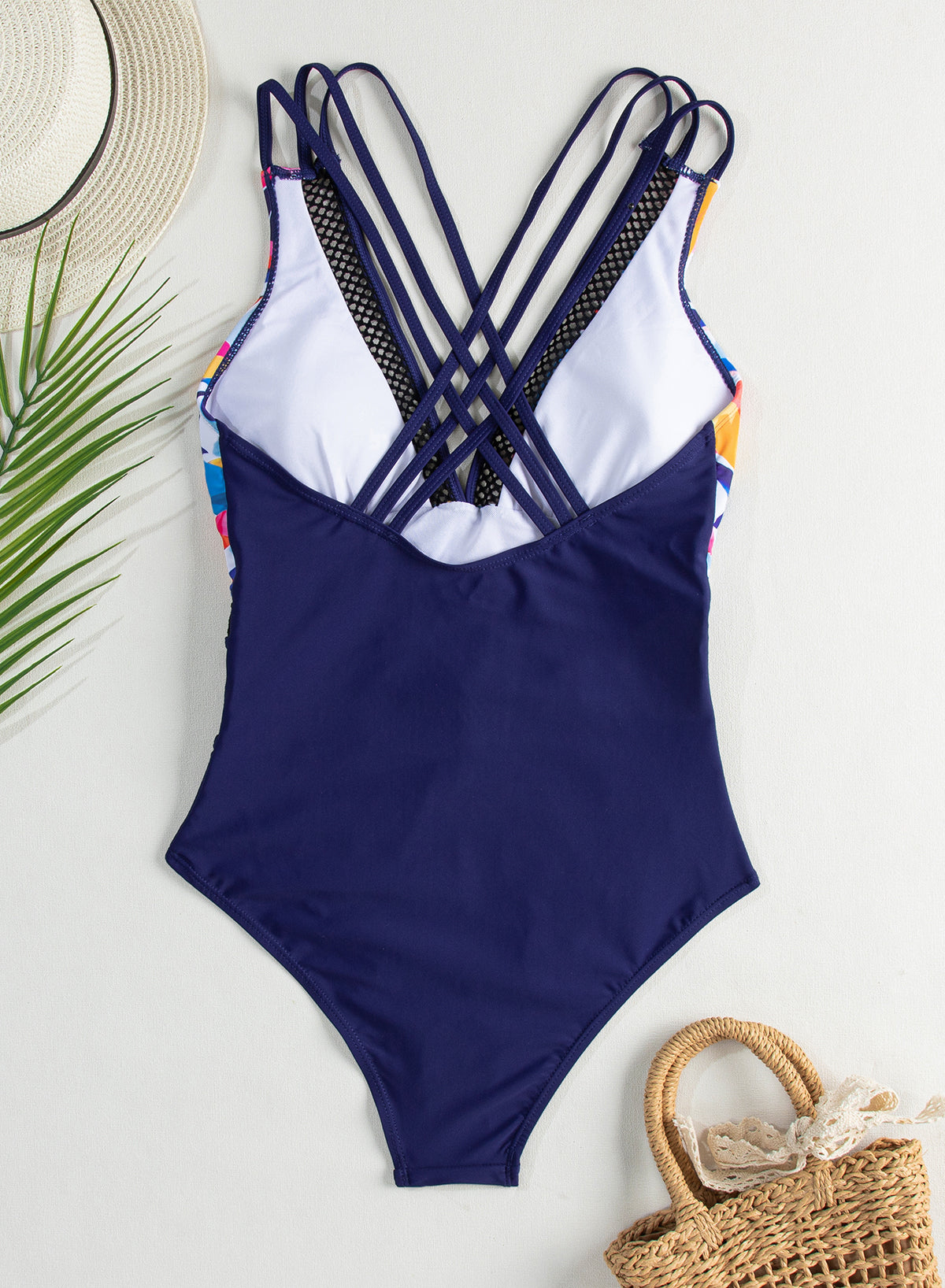 Emoswimsuit - Blue Splicing Print Mesh High Waist Sexy V Neck One Piece Swimsuit