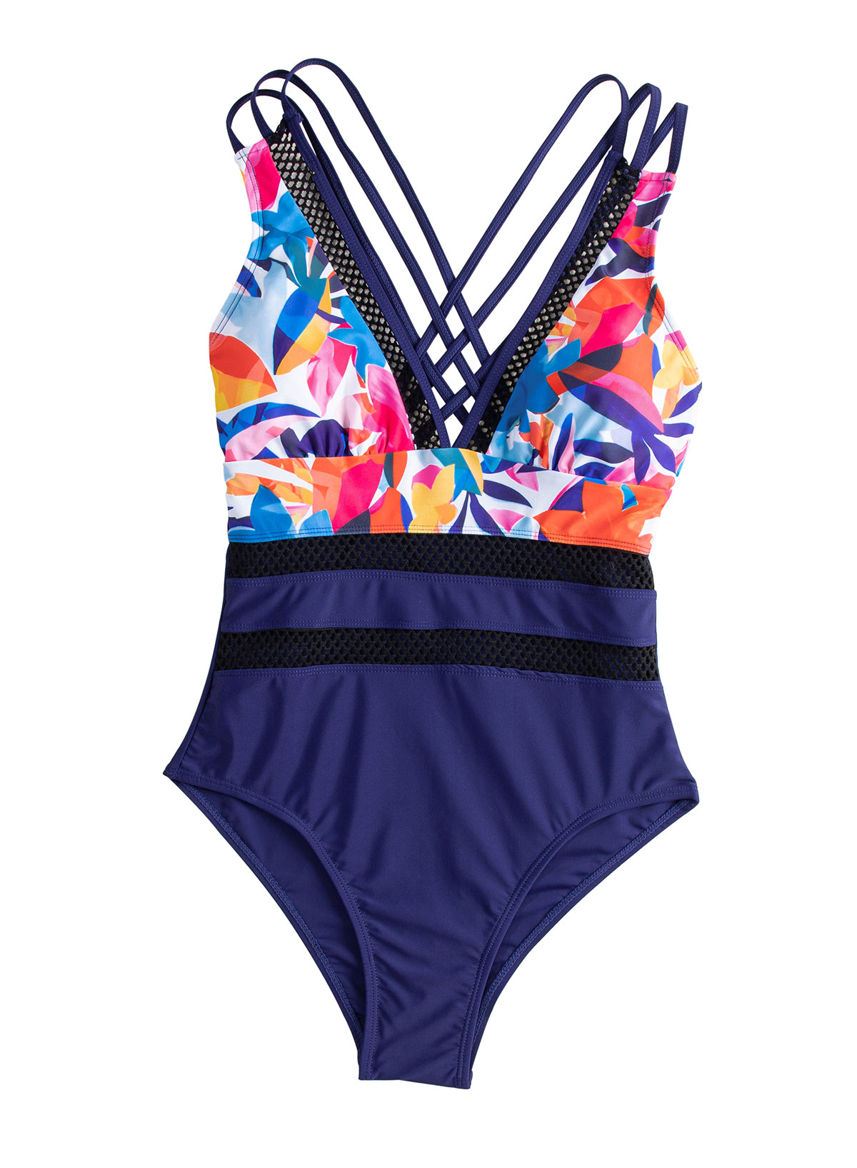 Emoswimsuit - Blue Splicing Print Mesh High Waist Sexy V Neck One Piece Swimsuit