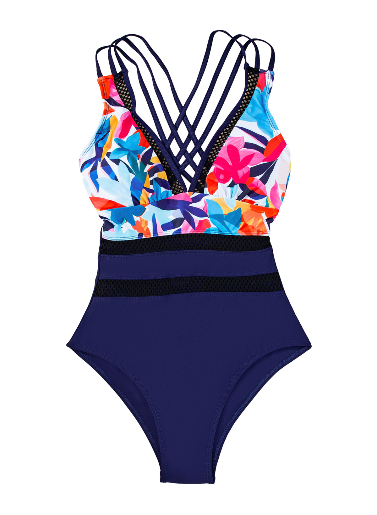 Emoswimsuit - Blue Splicing Print Mesh High Waist Sexy V Neck One Piece Swimsuit