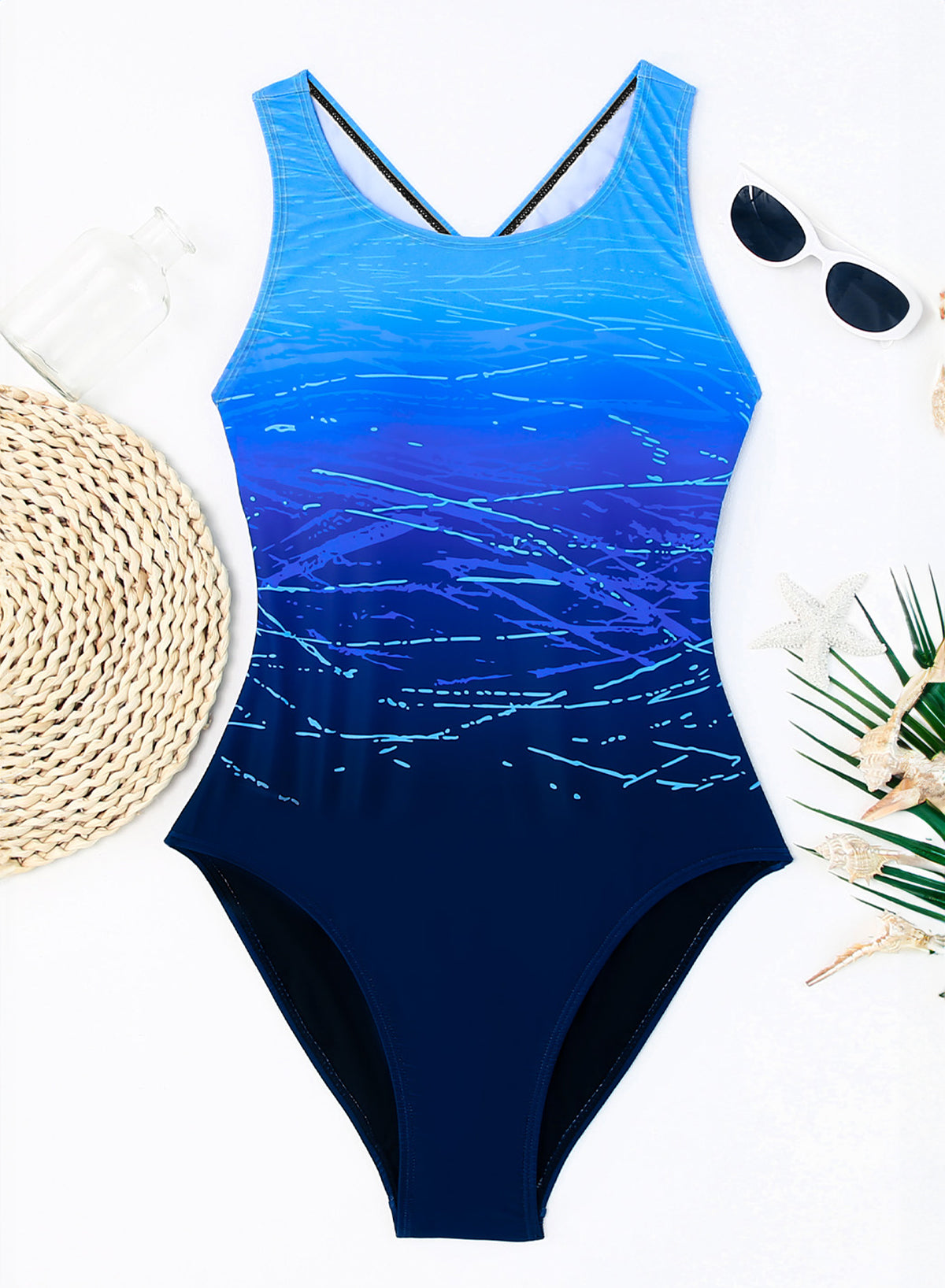 Emoswimsuit - Blue Gradient Print Backless Slim Conservative Round Neck One Piece Swimsuit