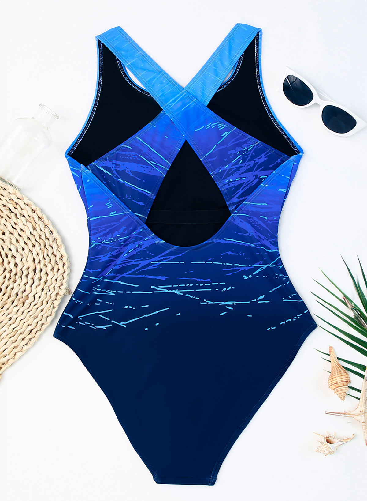 Emoswimsuit - Blue Gradient Print Backless Slim Conservative Round Neck One Piece Swimsuit