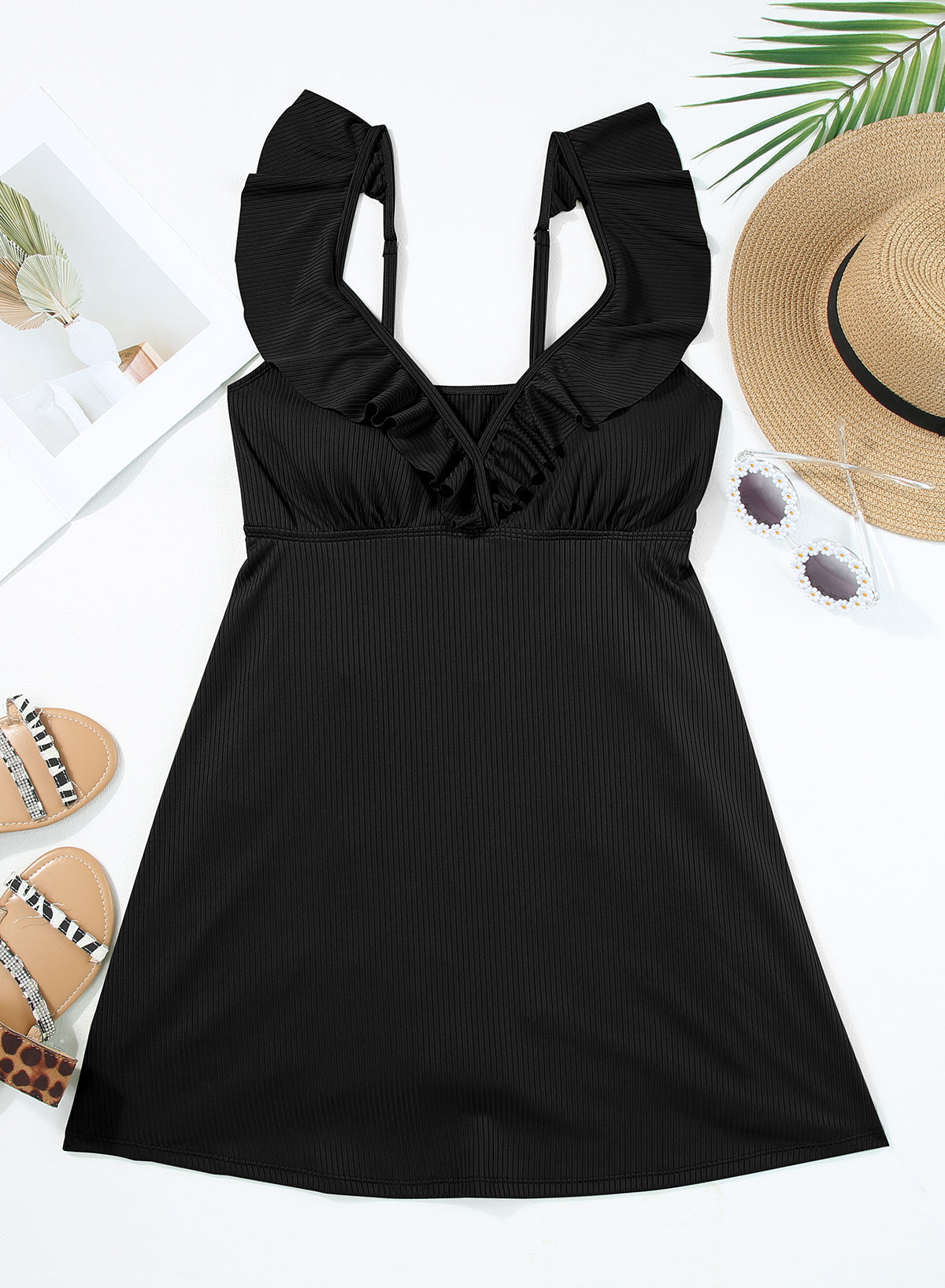 Emoswimsuit - Black Solid Color Low Collar Sexy V Neck One Piece Swimsuit