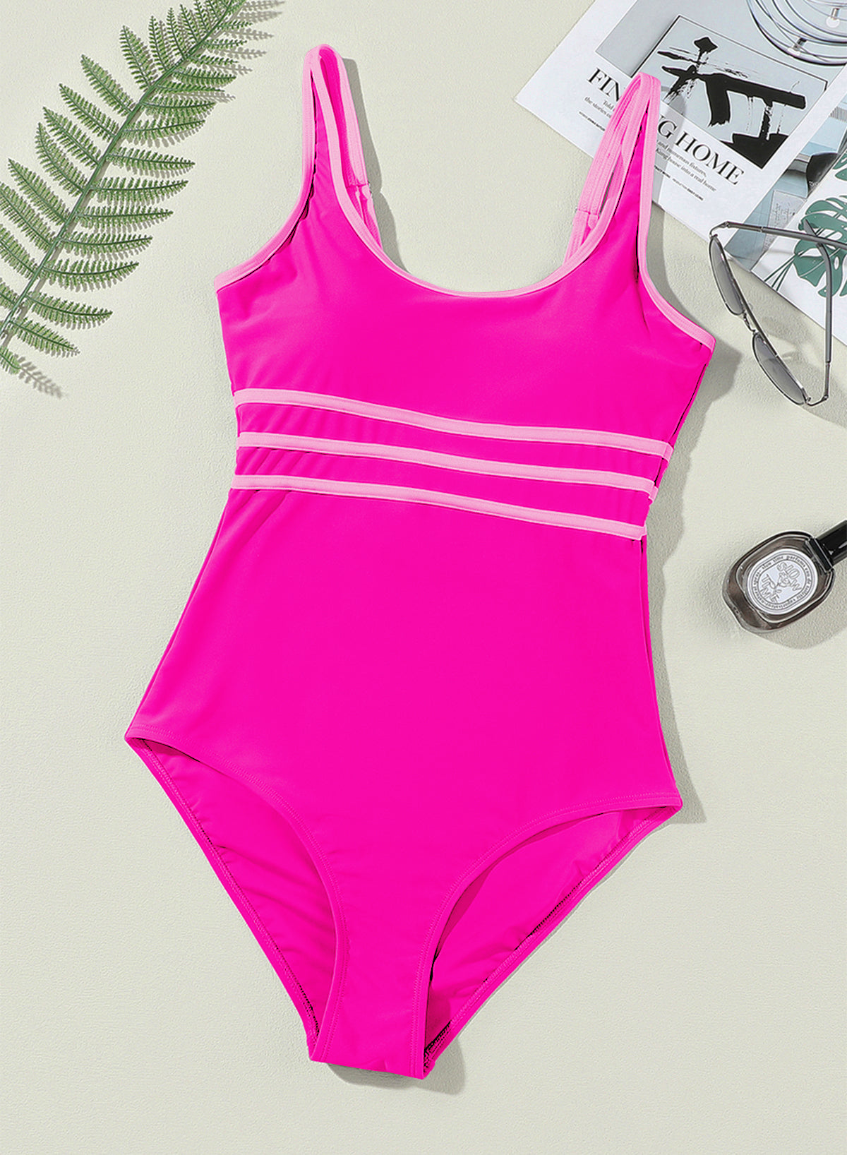 Emoswimsuit - Pink Striped Halter Backless Round Neck One Piece Swimsuit