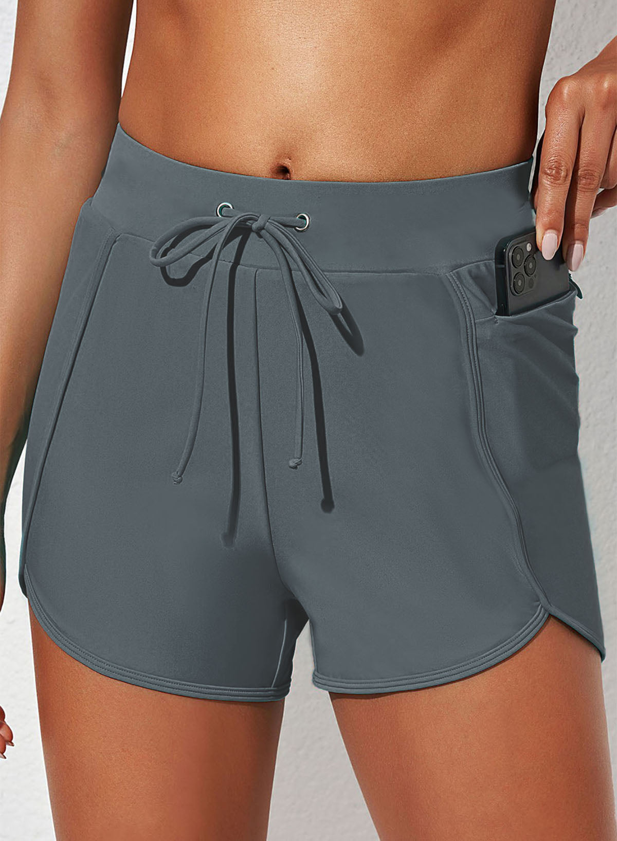 Emoswimsuit - Grey Sports Solid Color Pockets Conservative Swim Short