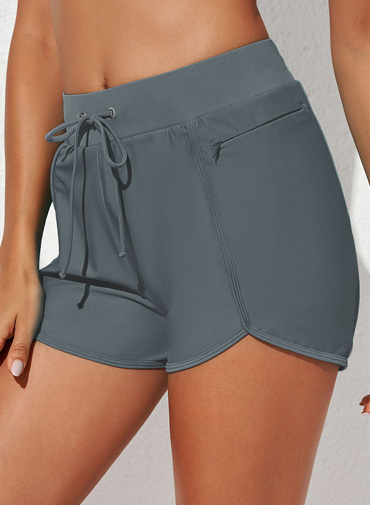 Emoswimsuit - Grey Sports Solid Color Pockets Conservative Swim Short