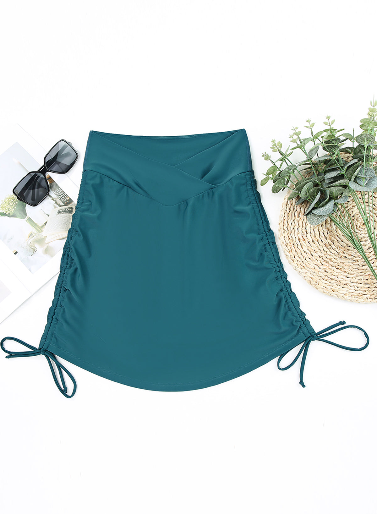 Emoswimsuit - Solid Color High Waist Pleated Skirt With Tie Swim Short