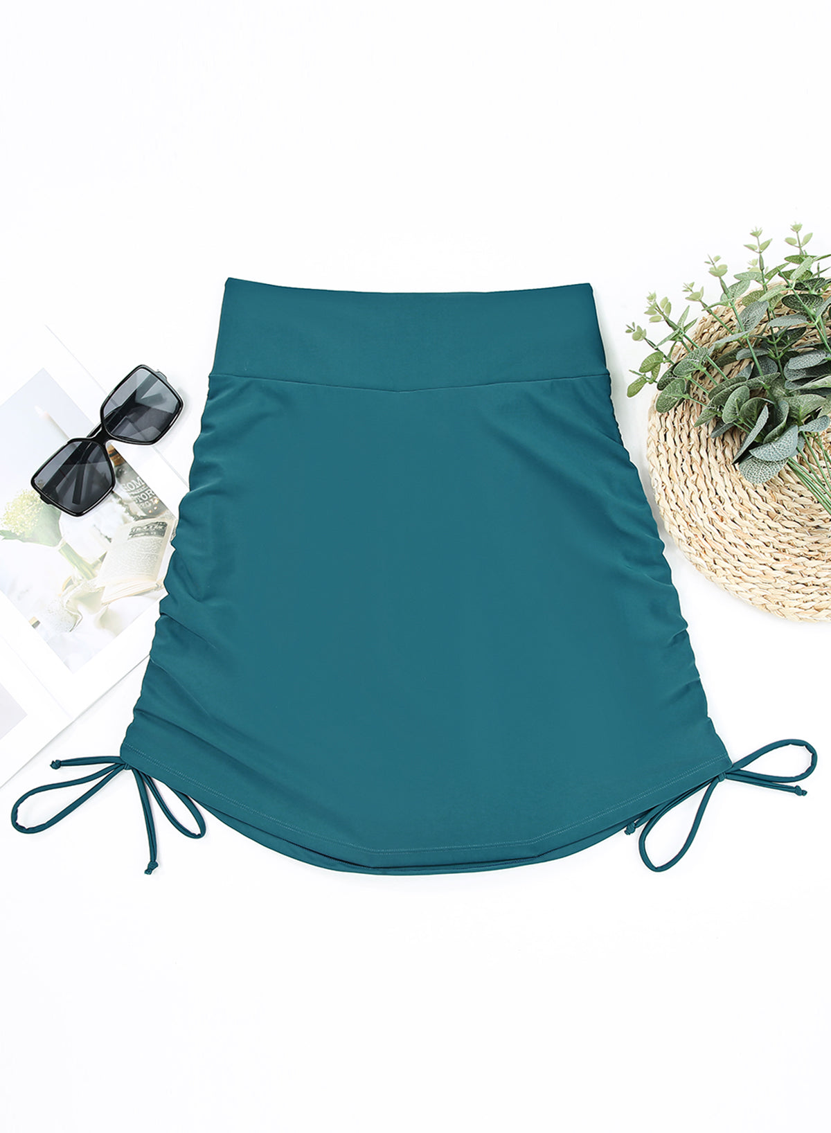 Emoswimsuit - Solid Color High Waist Pleated Skirt With Tie Swim Short