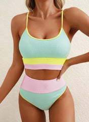 Emoswimsuit - Women 2 Piece Bikini Set High Waisted Color Block Swimsuit Beach Scrunch Ribbed Bathing Suit
