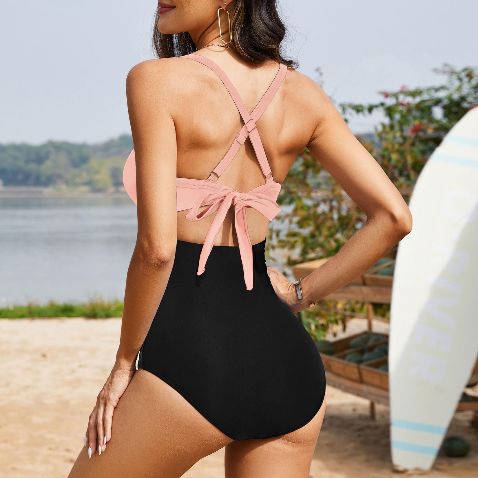 Emoswimsuit - Women's One Piece Swimsuits Tummy Control Cutout High Waisted Bathing Suit Wrap Tie Back